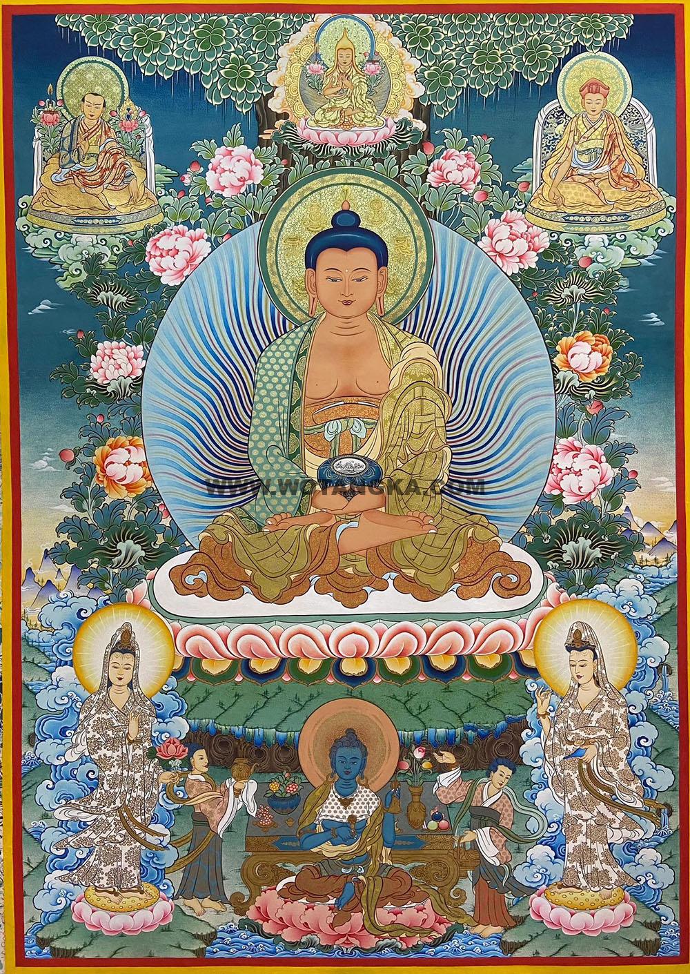 热贡-尕藏·画院：彩绘唐卡-阿弥陀佛·西方三圣（80*60CM左右）