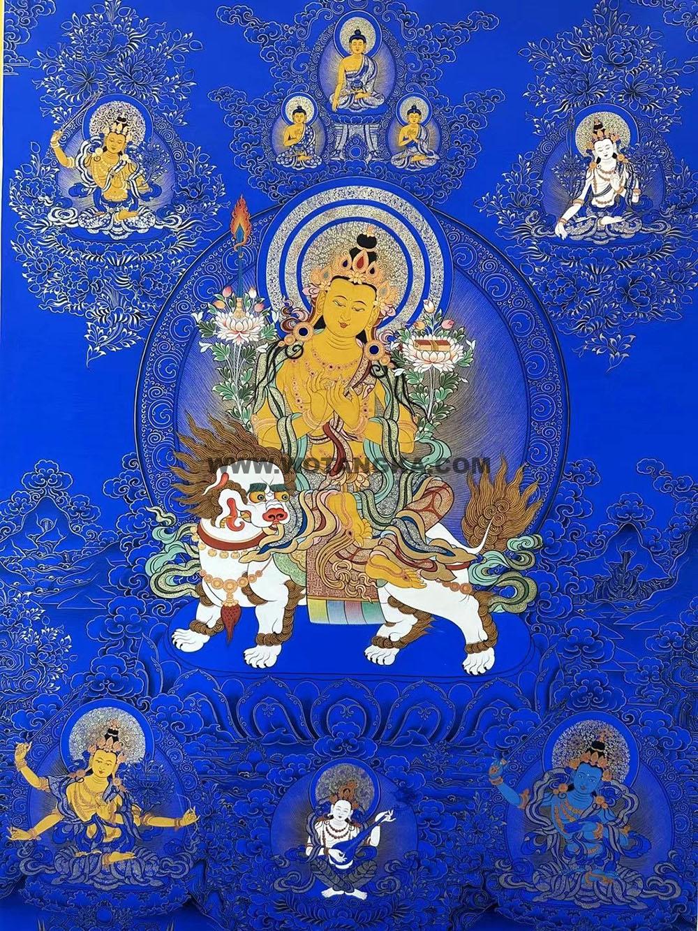 热贡-尕藏·画院：蓝金唐卡-文殊菩萨·五部文殊（100*70CM左右）