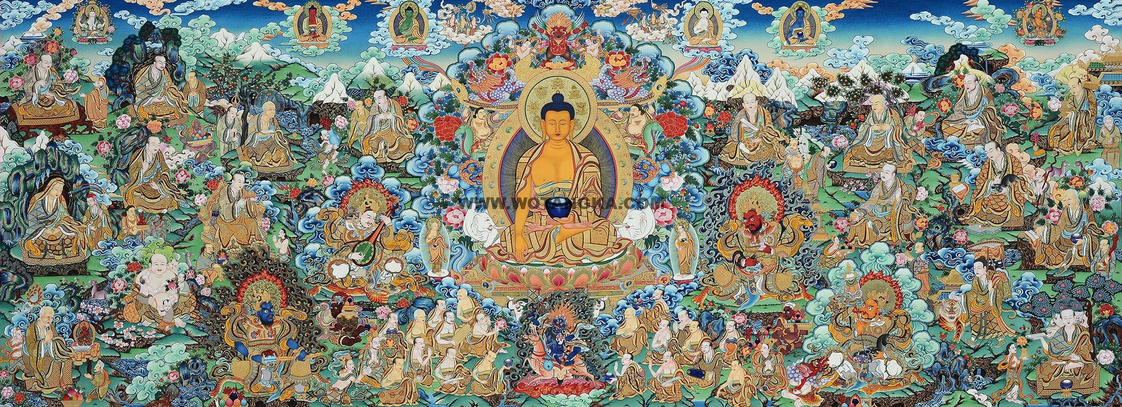 |已结缘·可定制|唐卡寄卖编号:JM·188-956966-释迦牟尼佛阿罗汉尊者与四大天王佛国绘卷(彩唐)