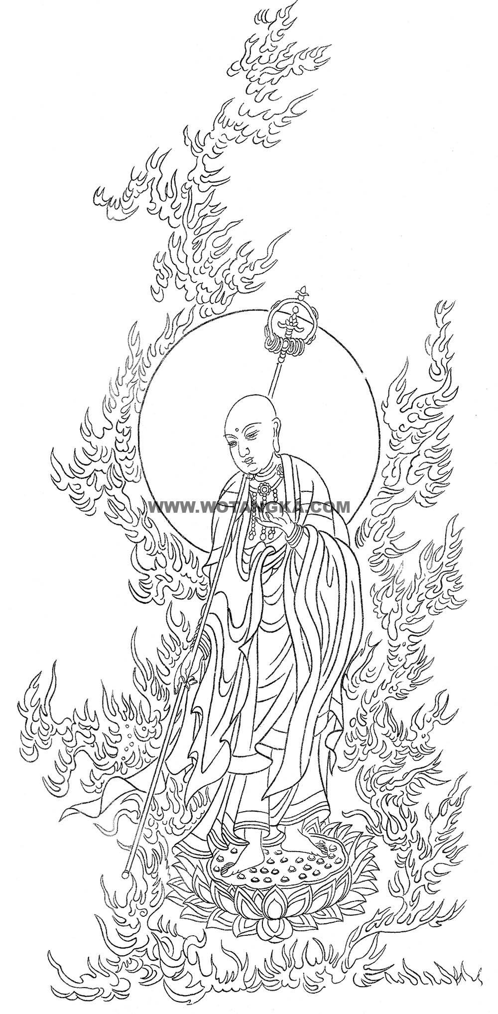 沃唐卡-唐卡白描线稿编号RD11260:地藏王菩萨业火踏莲图