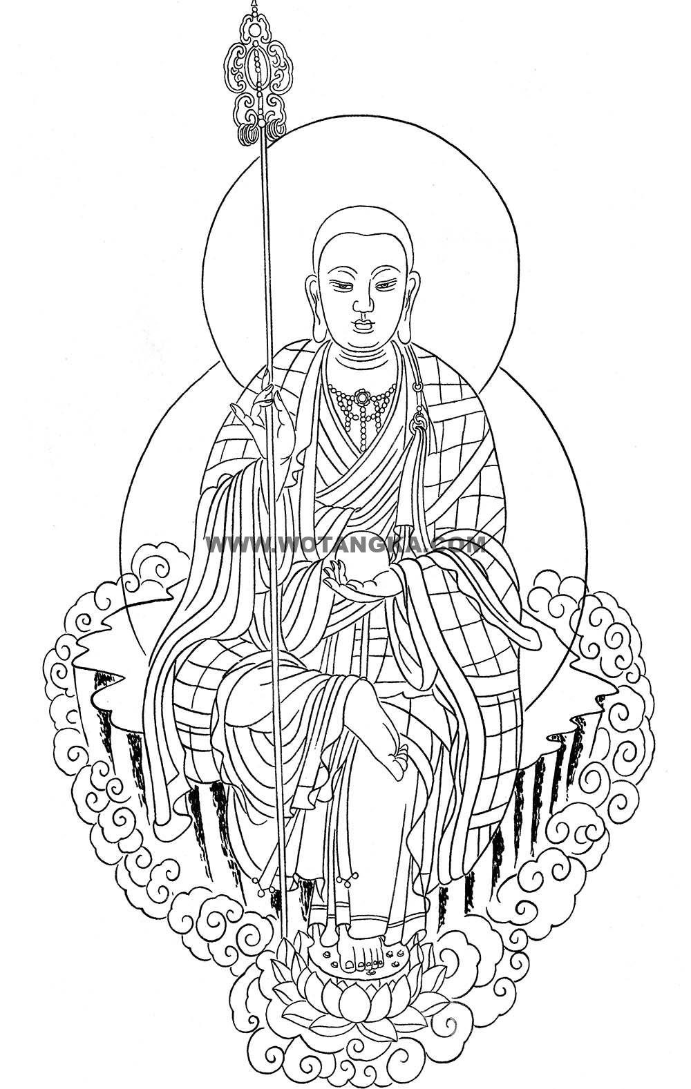 沃唐卡-唐卡白描线稿编号RD12410：地藏王菩萨安忍静坐图
