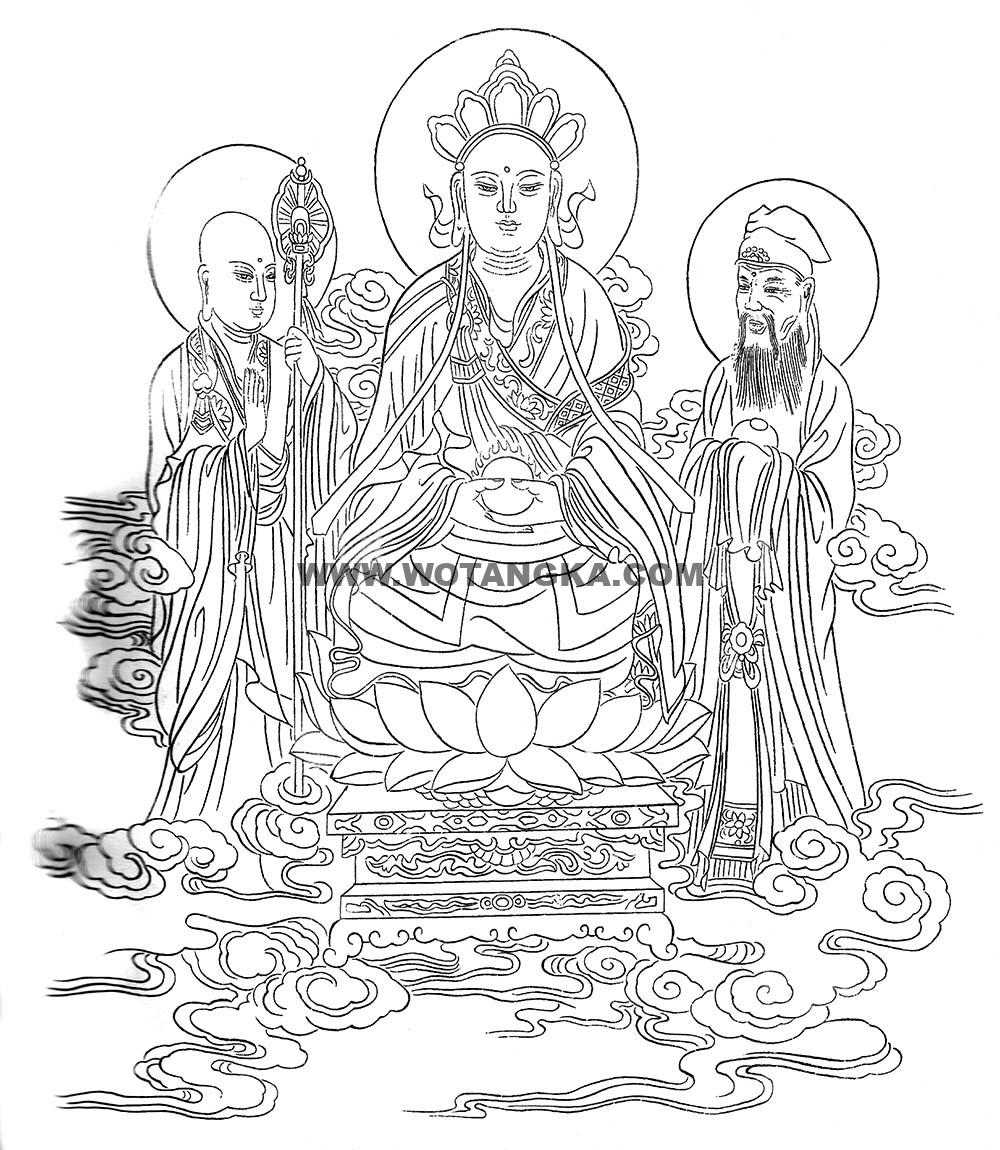 沃唐卡-唐卡白描线稿编号RD18926:地藏王菩萨三法相化身图