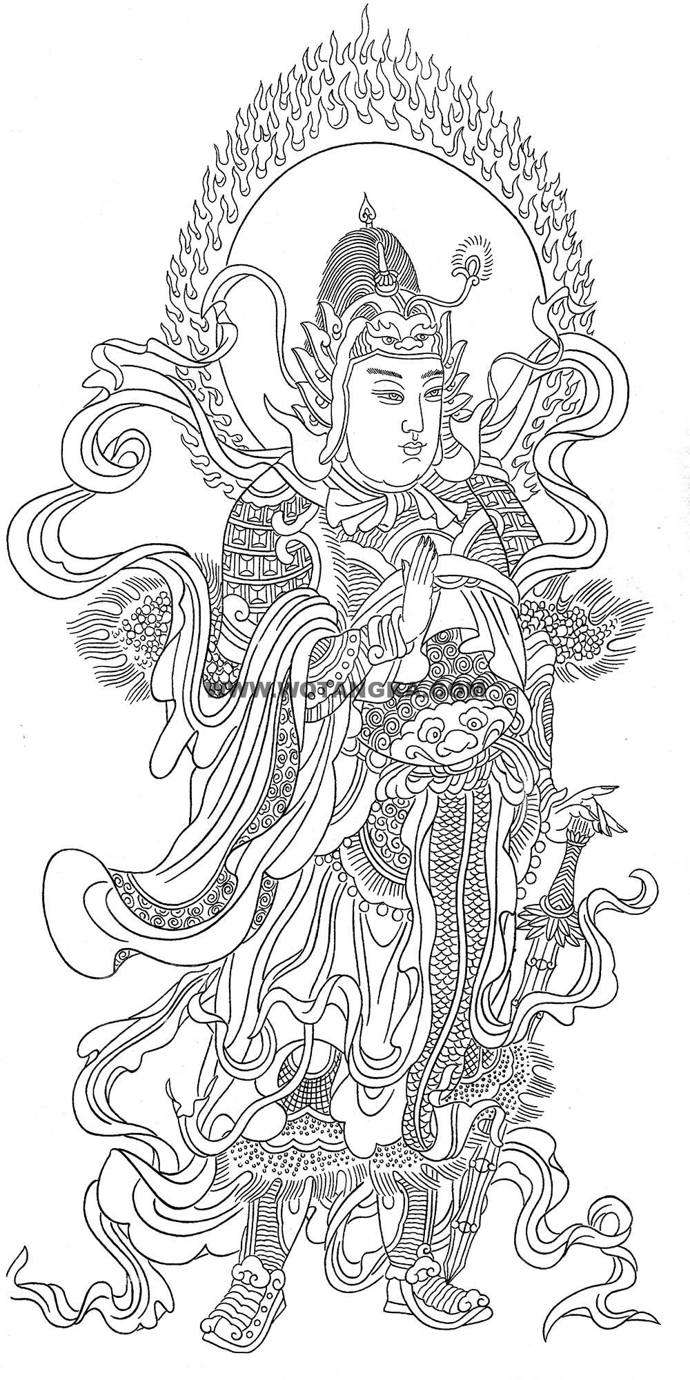 沃唐卡-唐卡白描线稿编号RD21128:韦陀菩萨