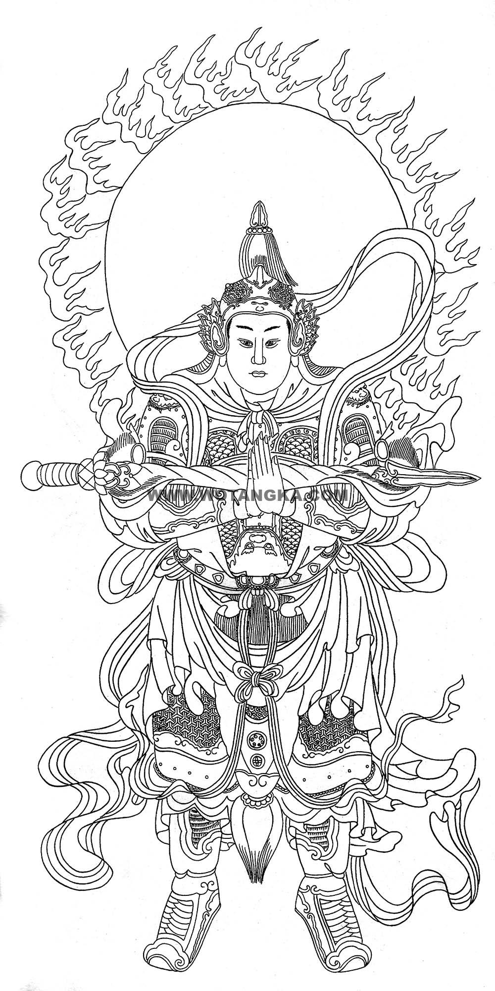 沃唐卡-唐卡白描线稿编号RD25337:韦陀菩萨