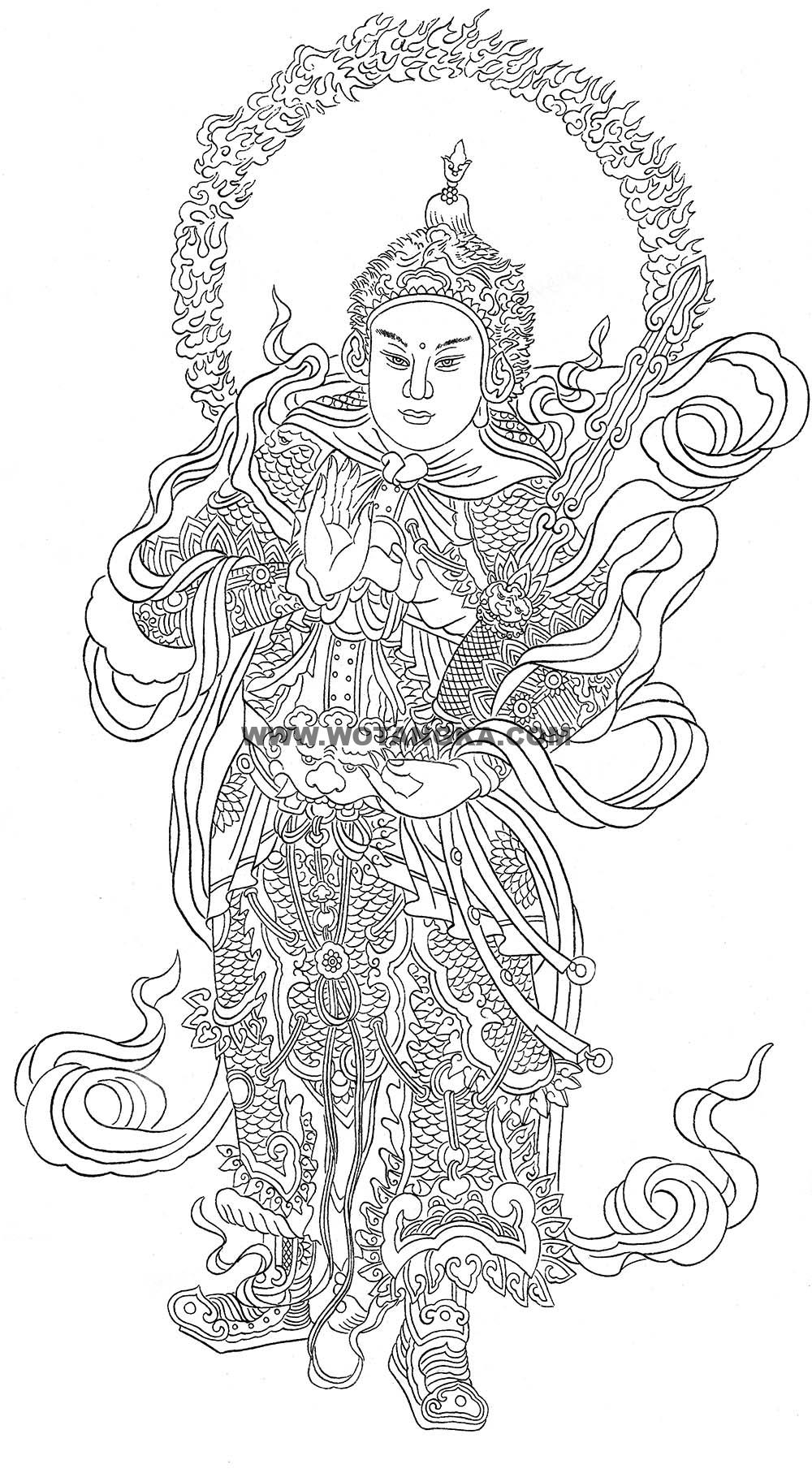 沃唐卡-唐卡白描线稿编号RD25351:韦陀菩萨
