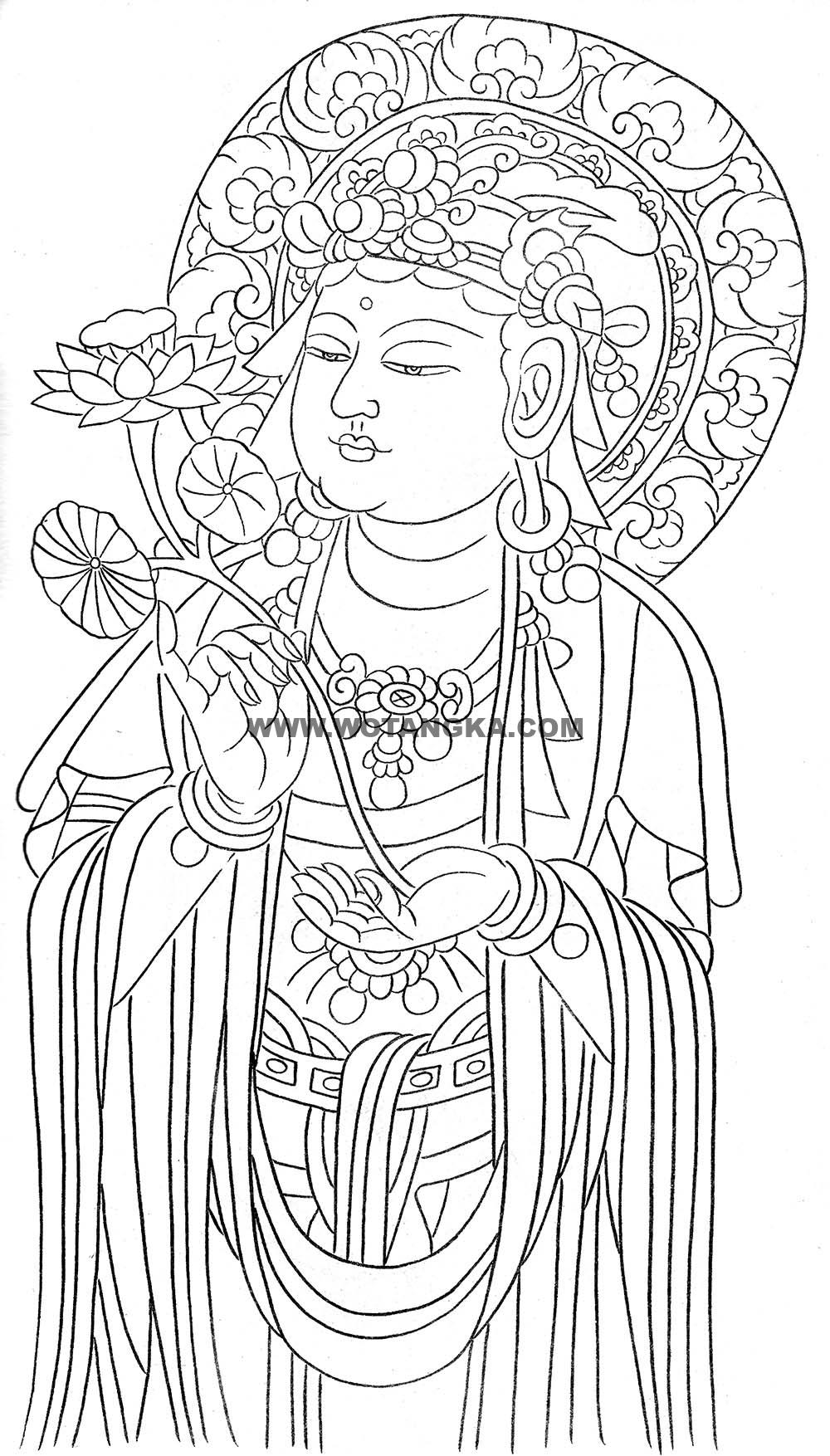 沃唐卡-唐卡白描线稿编号RD39699:持莲菩萨