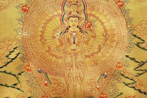 编号138-124088：黄金唐卡-千手观音·三怙主（75*50CM左右）