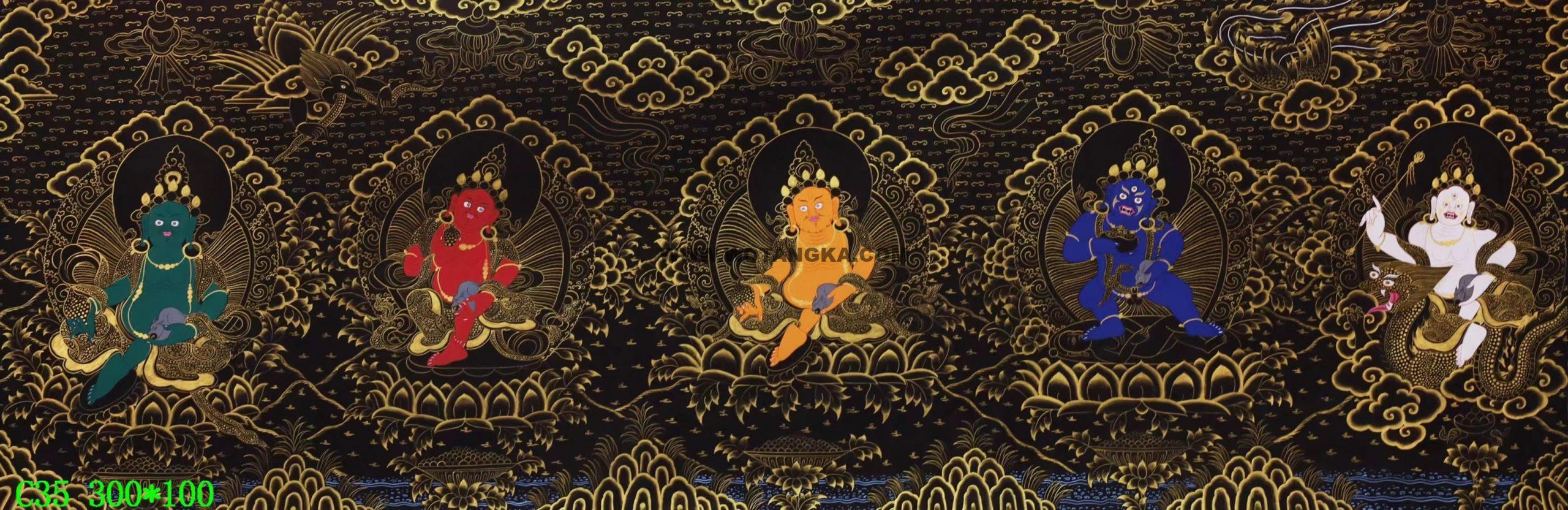 编号138-184109：黑金唐卡-五方财神（100*300CM左右）