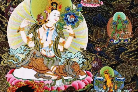 编号138-457252：彩绘唐卡-四臂观音·三怙主（75*51CM左右）