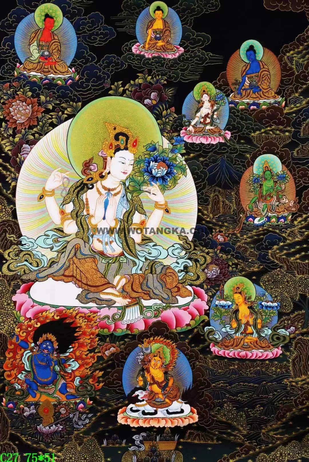 编号138-457252：彩绘唐卡-四臂观音·三怙主（75*51CM左右）
