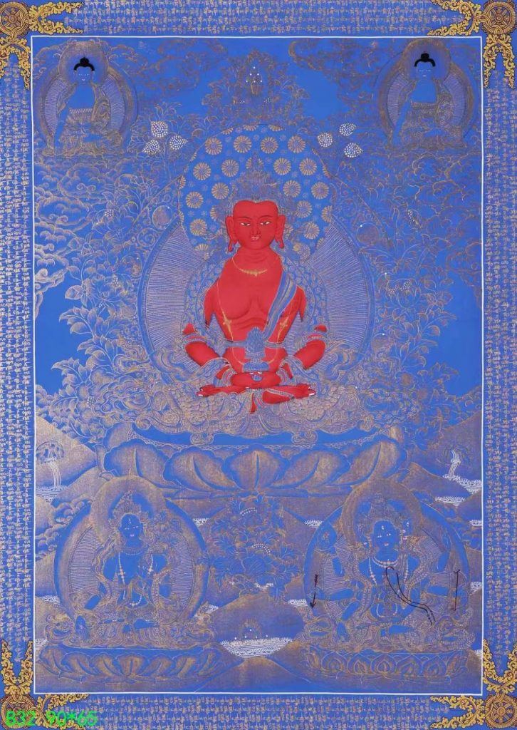编号138-567670：蓝金唐卡-长寿佛·长寿三尊（90*65CM左右）