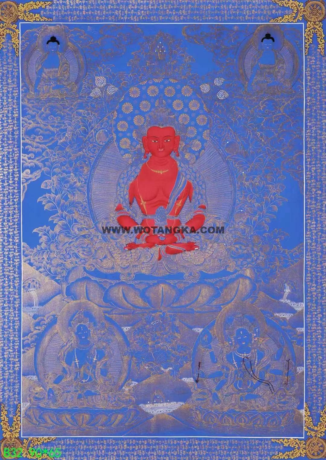 编号138-567670：蓝金唐卡-长寿佛·长寿三尊（90*65CM左右）