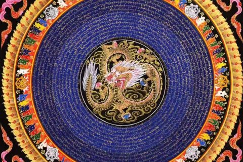 编号138-942006：彩绘唐卡-六字真言龙坛城（70*70CM左右）