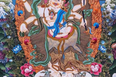 编号138-976895：彩绘唐卡-白六臂玛哈嘎拉·五方财神（76*50CM左右）
