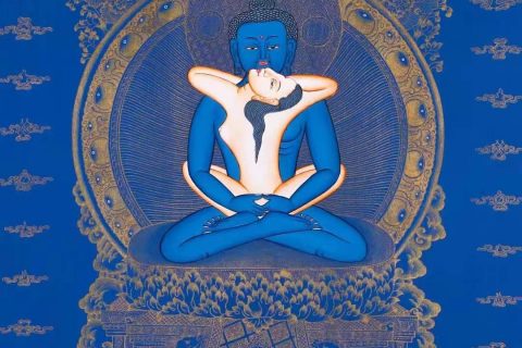 编号138-991292：蓝金唐卡-普贤王如来双修（80*48CM左右）