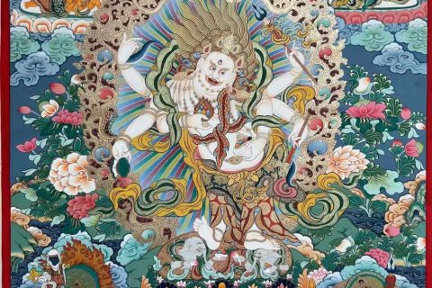 编号188-200751：彩绘唐卡-白六臂玛哈嘎拉·五方财神（100*70CM左右）