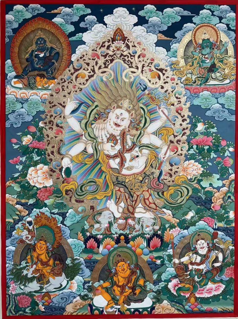 编号188-200751：彩绘唐卡-白六臂玛哈嘎拉·五方财神（100*70CM左右）