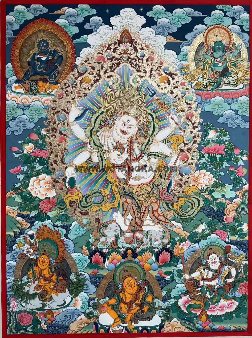 热贡-东智加·画院：彩绘唐卡-白六臂玛哈嘎拉·五方财神（100*70CM左右）