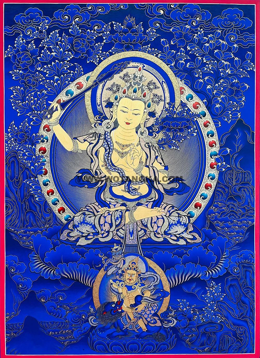 |已结缘·可定制|唐卡寄卖编号:JM·188-233063-文殊菩萨净蓝界财富供养图(蓝唐)