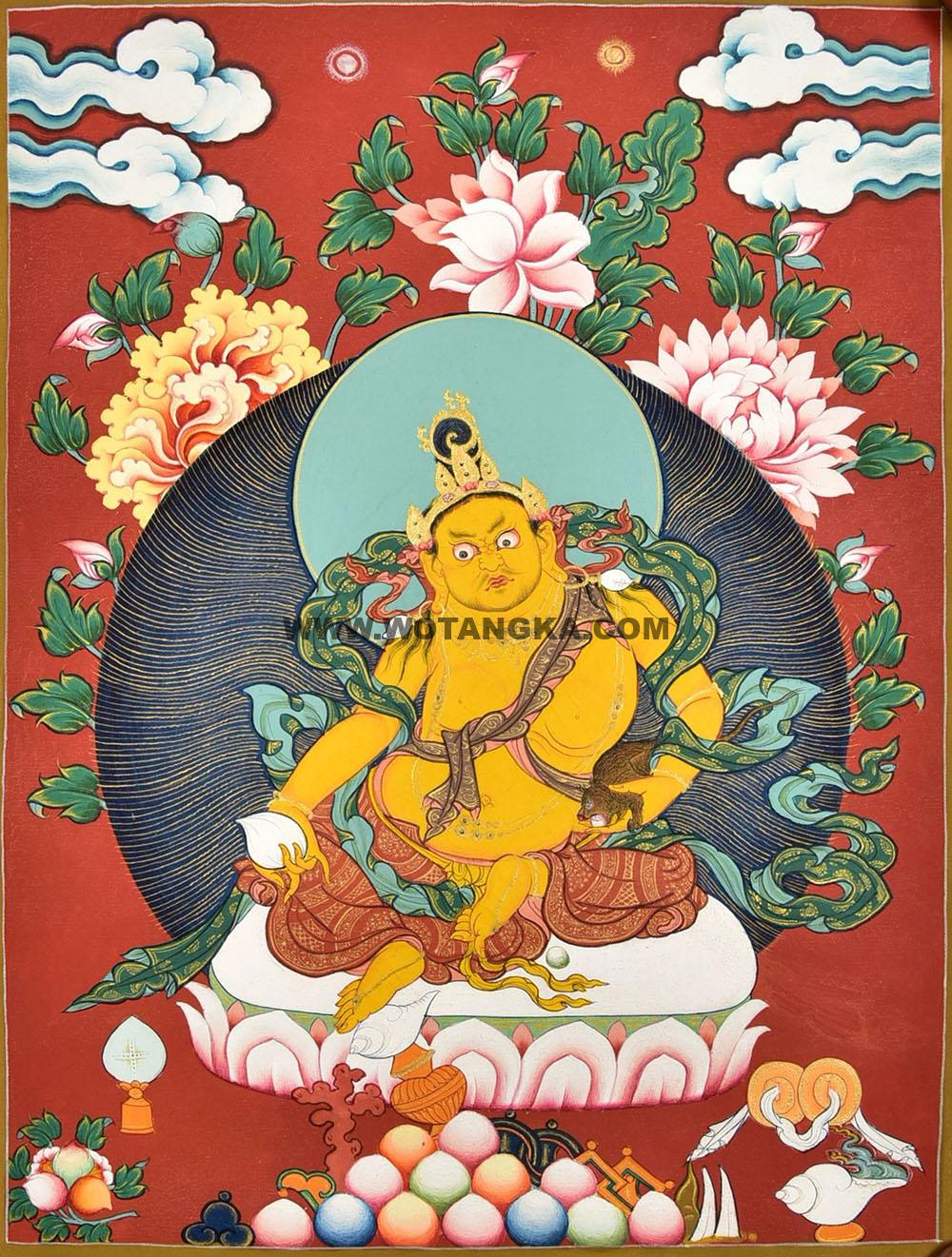 |已结缘·可定制|唐卡寄卖编号:JM·188-348042-黄财神吉祥摩尼宝财富供养图(红唐)