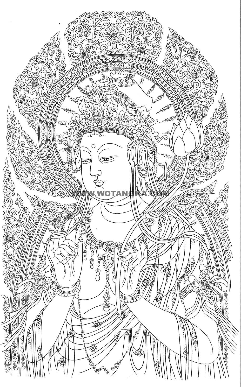 沃唐卡-唐卡白描线稿编号RD12442:持莲观音