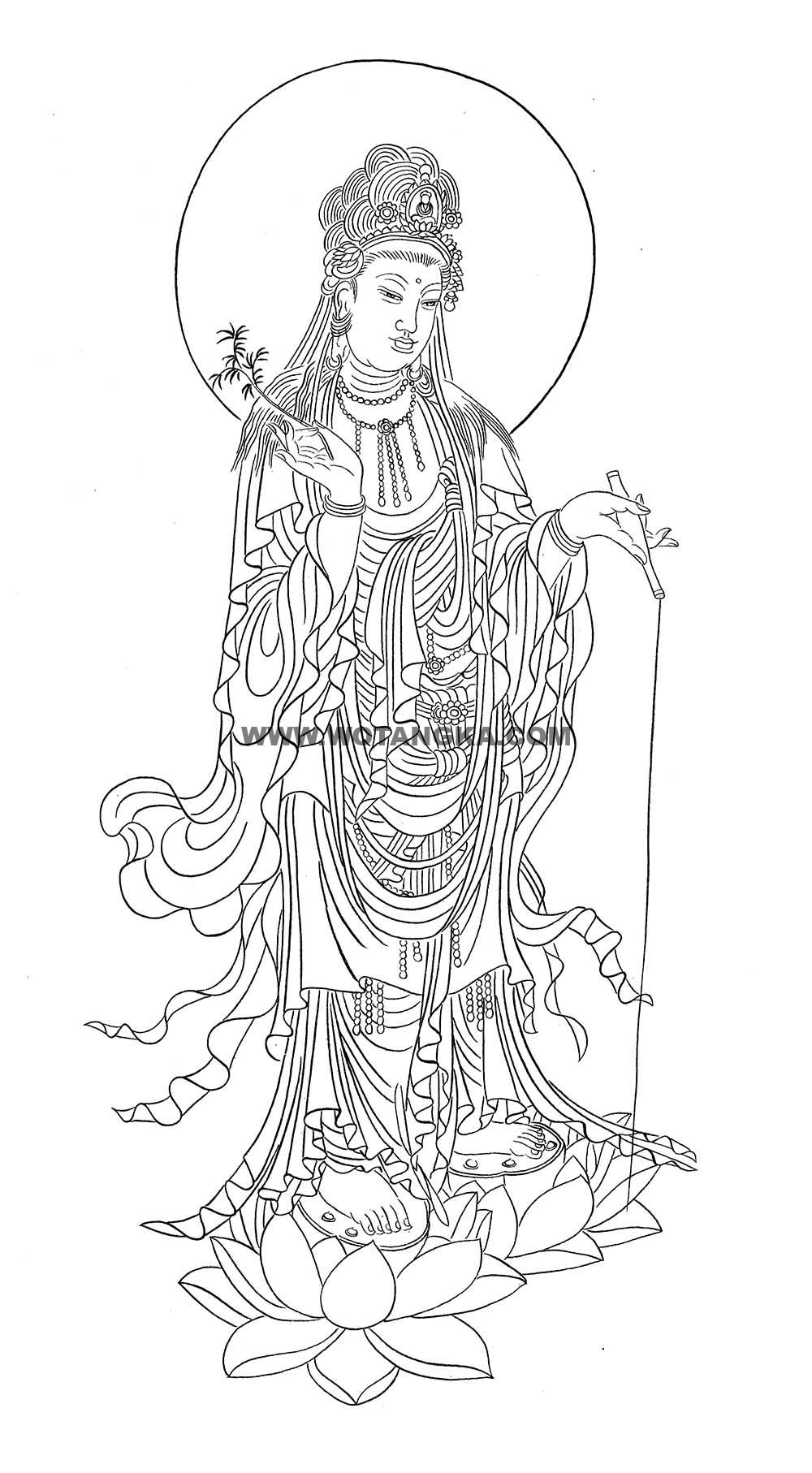 沃唐卡-唐卡白描线稿编号RD15504：杨柳枝观音