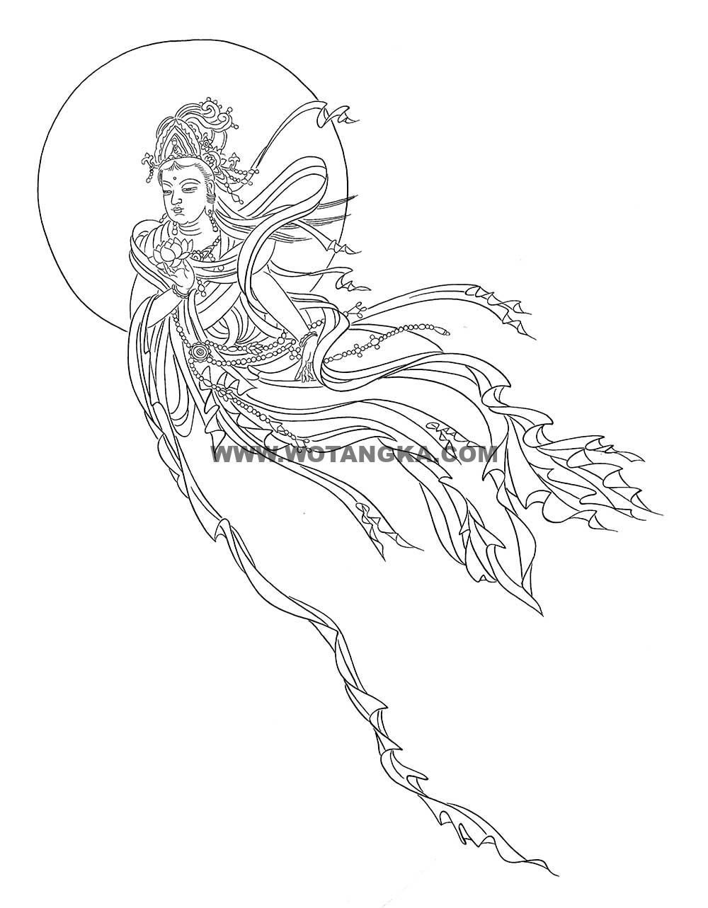 沃唐卡-唐卡白描线稿编号RD17358：飞天持莲观音