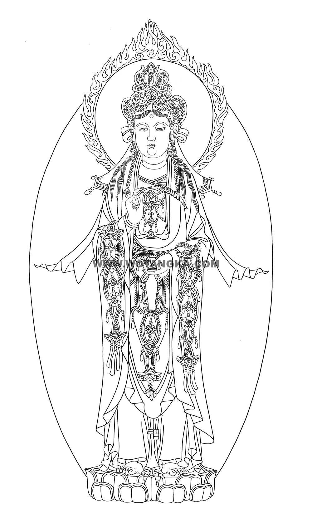 沃唐卡-唐卡白描线稿编号RD24294：持莲观音