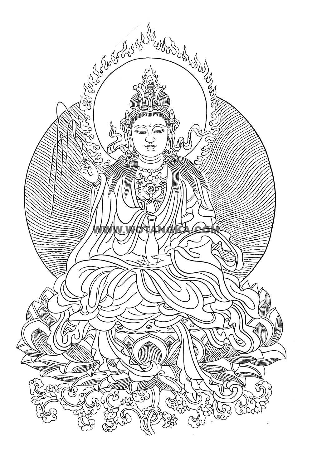 沃唐卡-唐卡白描线稿编号RD28108:净水观音