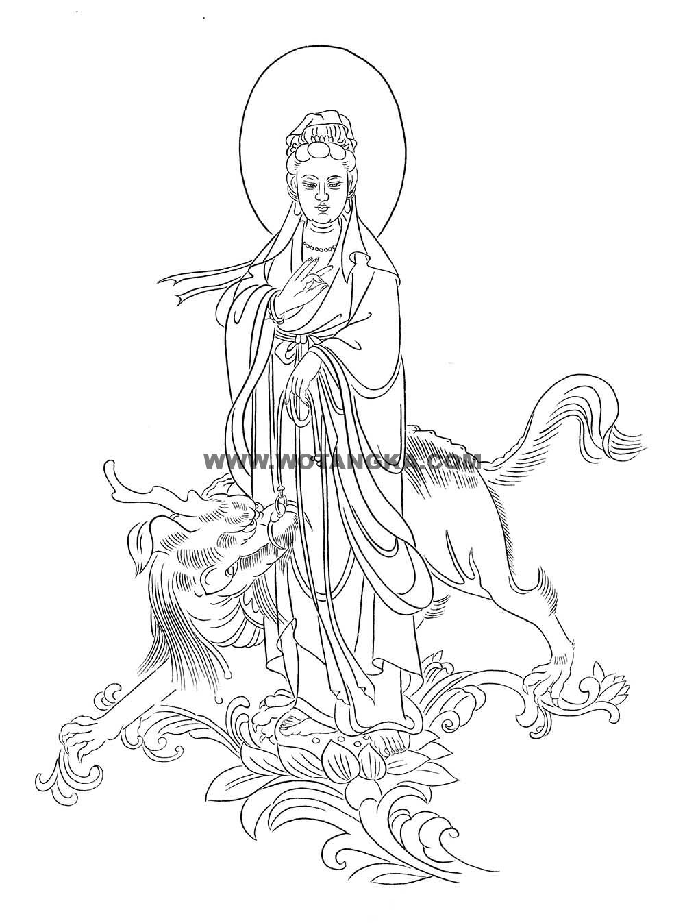 沃唐卡-唐卡白描线稿编号RD29284:金毛吼观音