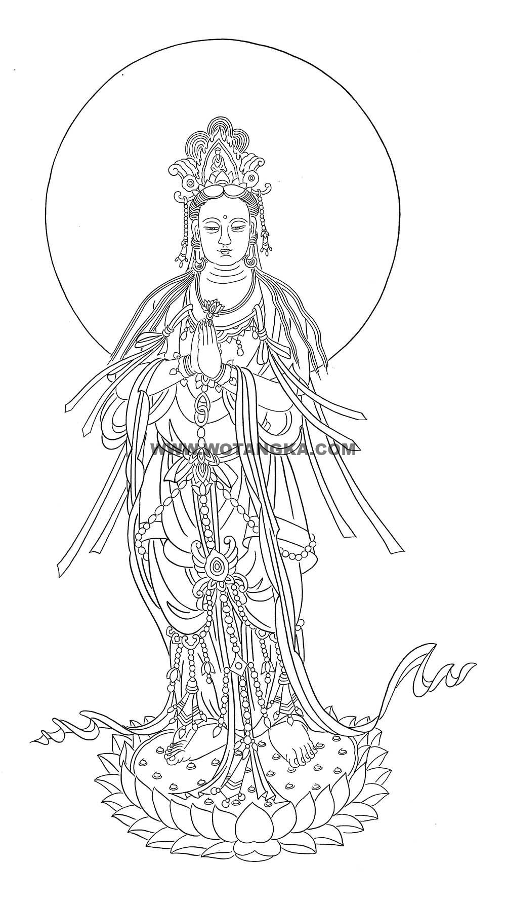 沃唐卡-唐卡白描线稿编号RD29529:合掌观音