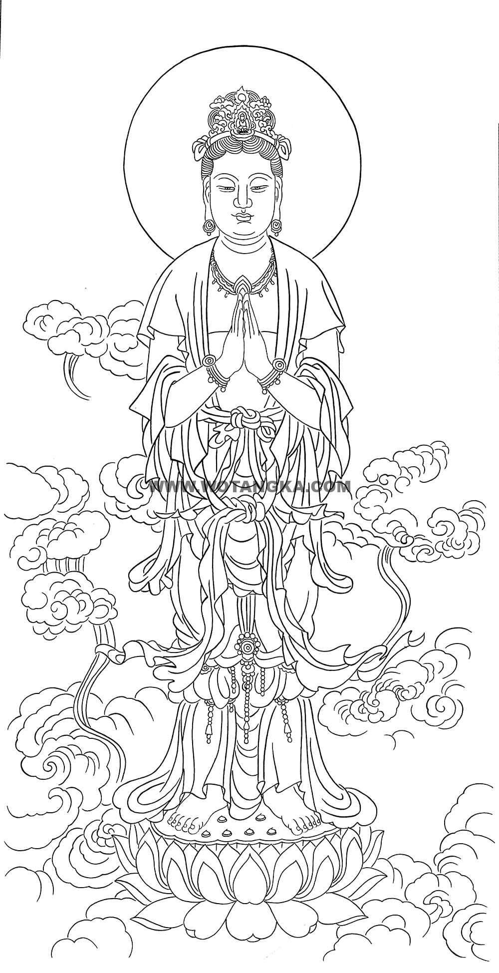 沃唐卡-唐卡白描线稿编号RD31659:合十观音