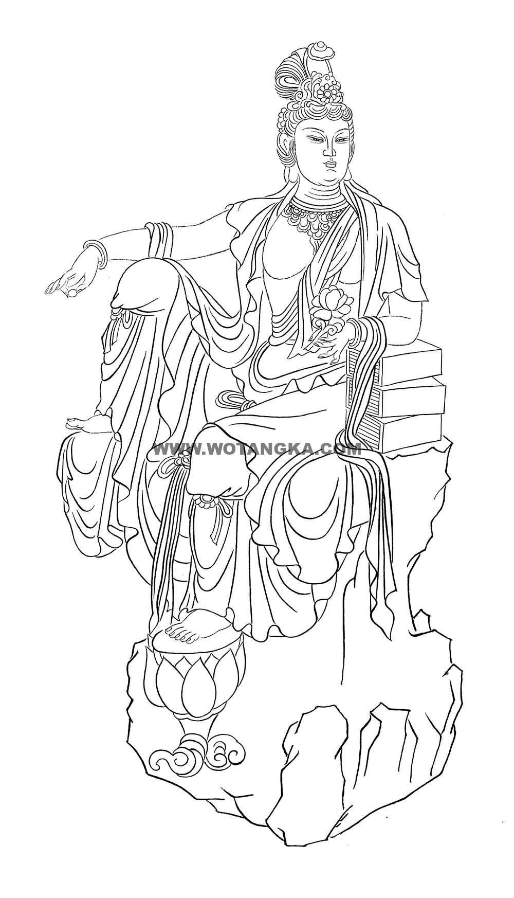 沃唐卡-唐卡白描线稿编号RD36155：莲花读经观音