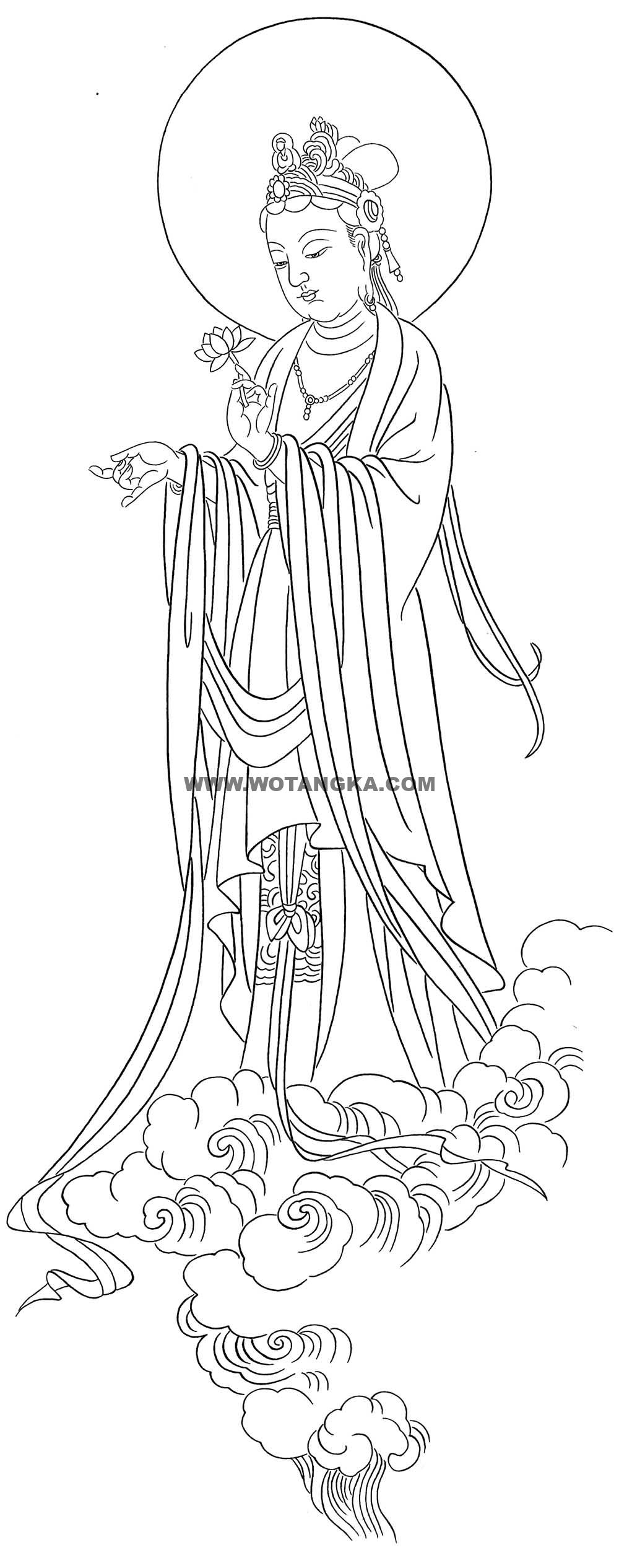 沃唐卡-唐卡白描线稿编号RD37699：赏莲观音