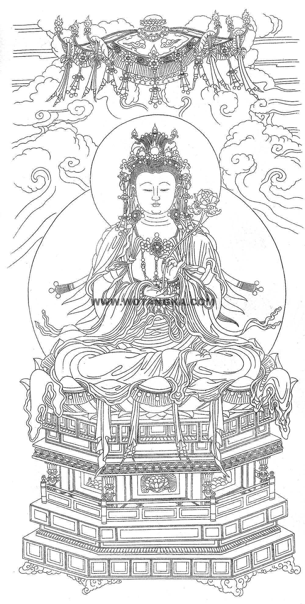 沃唐卡-唐卡白描线稿编号RD44246：持莲观音菩萨