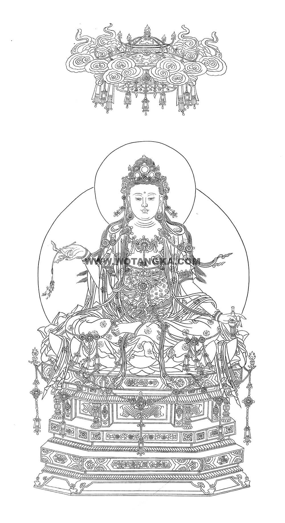 沃唐卡-唐卡白描线稿编号RD48033:杨柳枝观音