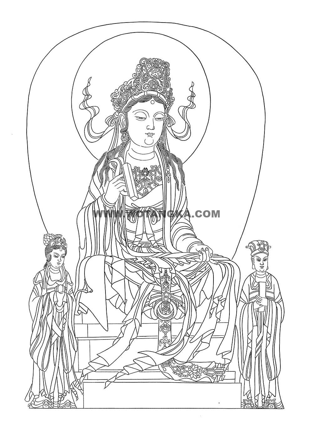 沃唐卡-唐卡白描线稿编号RD50024：观音娘娘