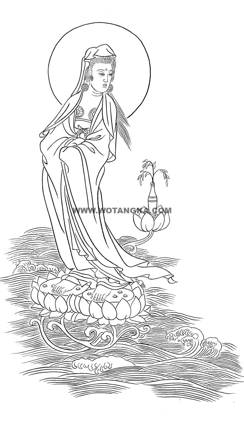 沃唐卡-唐卡白描线稿编号RD52465:白衣净瓶观音