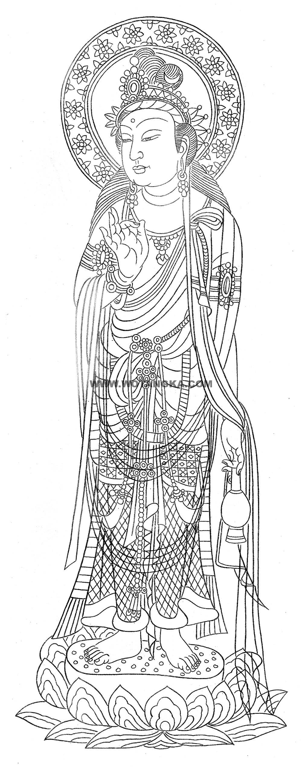沃唐卡-唐卡白描线稿编号RD53725：提瓶观音菩萨