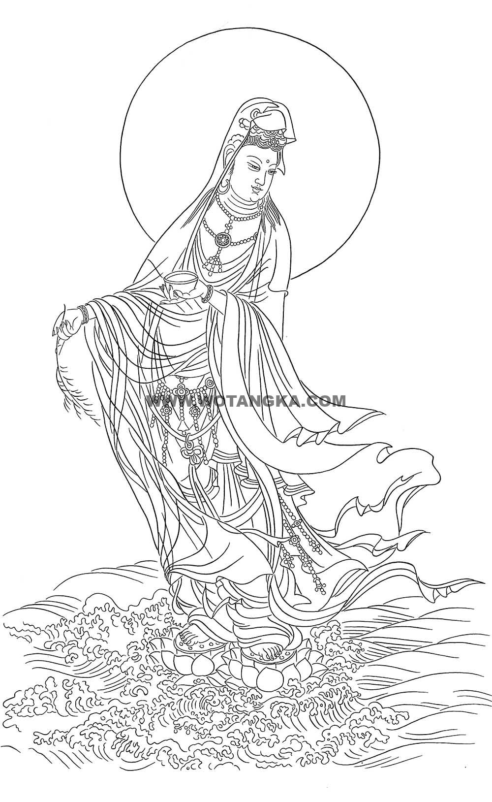 沃唐卡-唐卡白描线稿编号RD54230：白衣净瓶观音