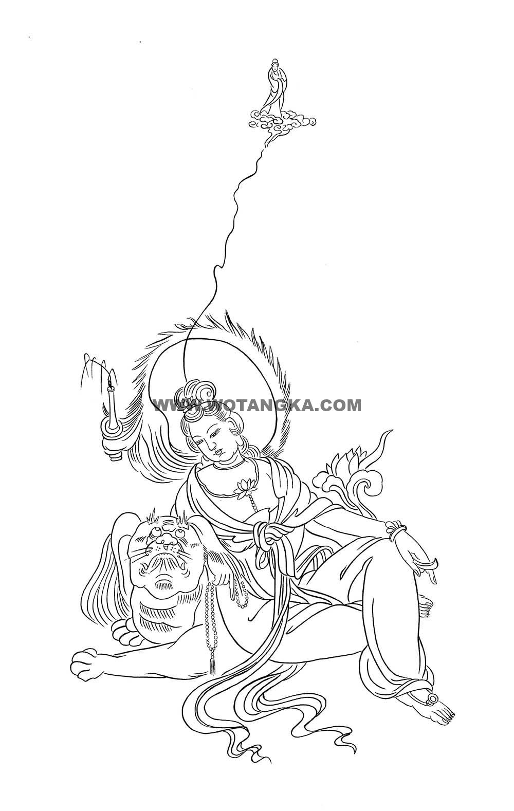 沃唐卡-唐卡白描线稿编号RD54250:金毛吼观音