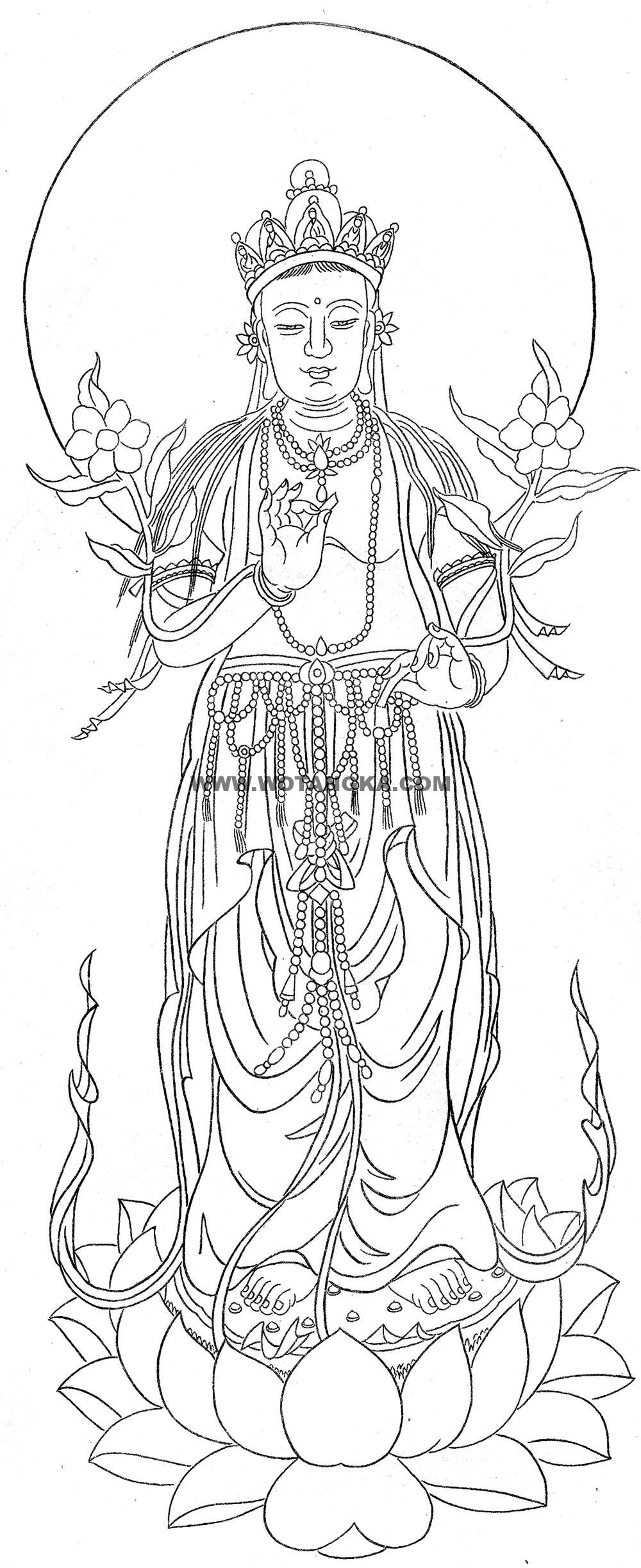 沃唐卡-唐卡白描线稿编号RD56593：持莲观音