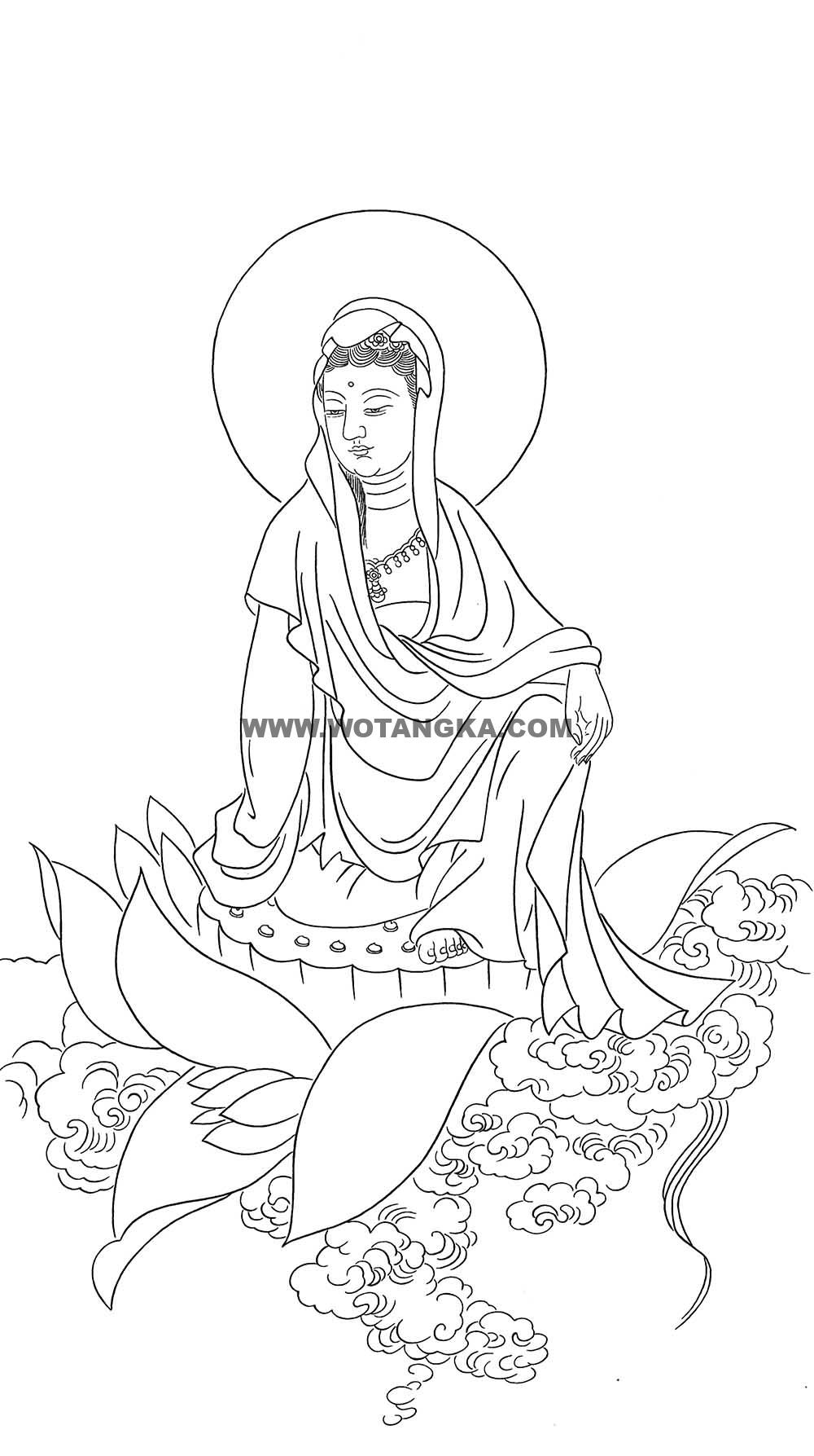 沃唐卡-唐卡白描线稿编号RD57084：白衣坐莲观音