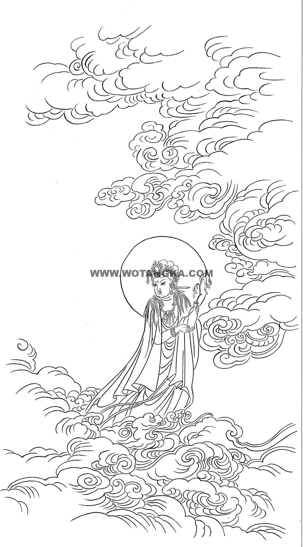 沃唐卡-唐卡白描线稿编号RD57500：杨柳枝观音