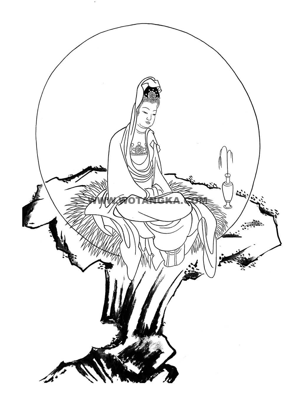 沃唐卡-唐卡白描线稿编号RD67945：白衣净瓶观音