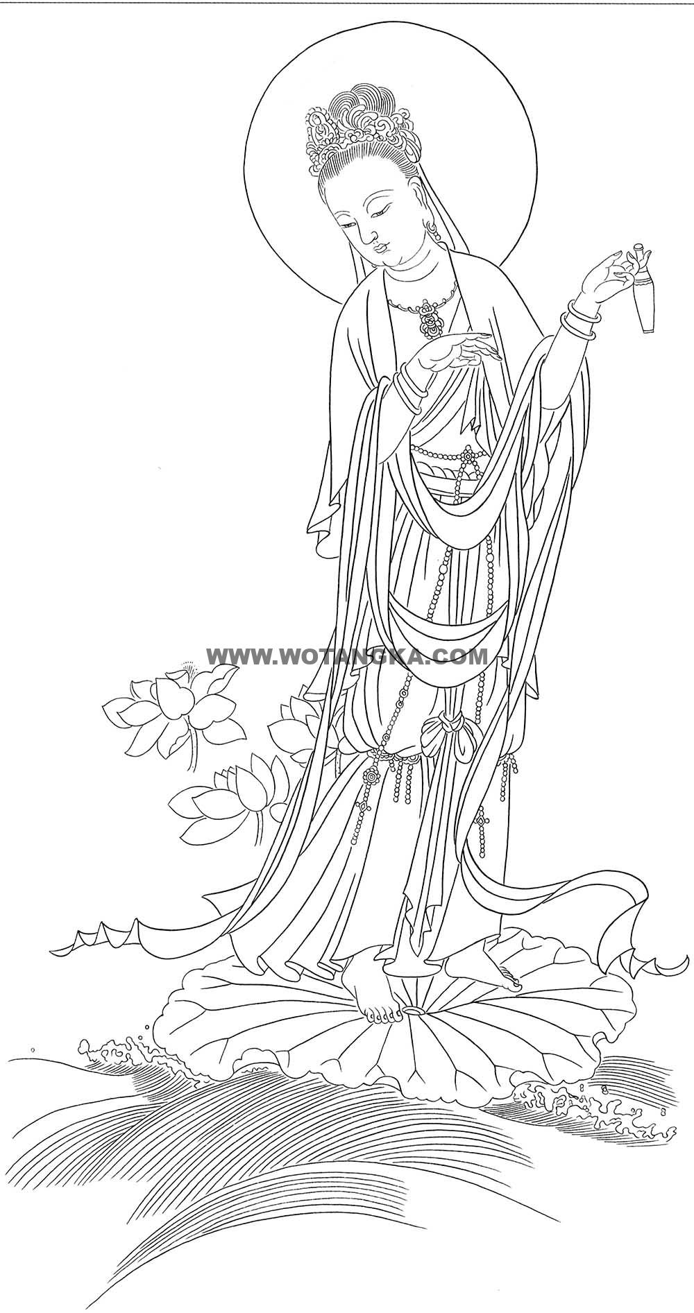 沃唐卡-唐卡白描线稿编号RD68339:净瓶观音