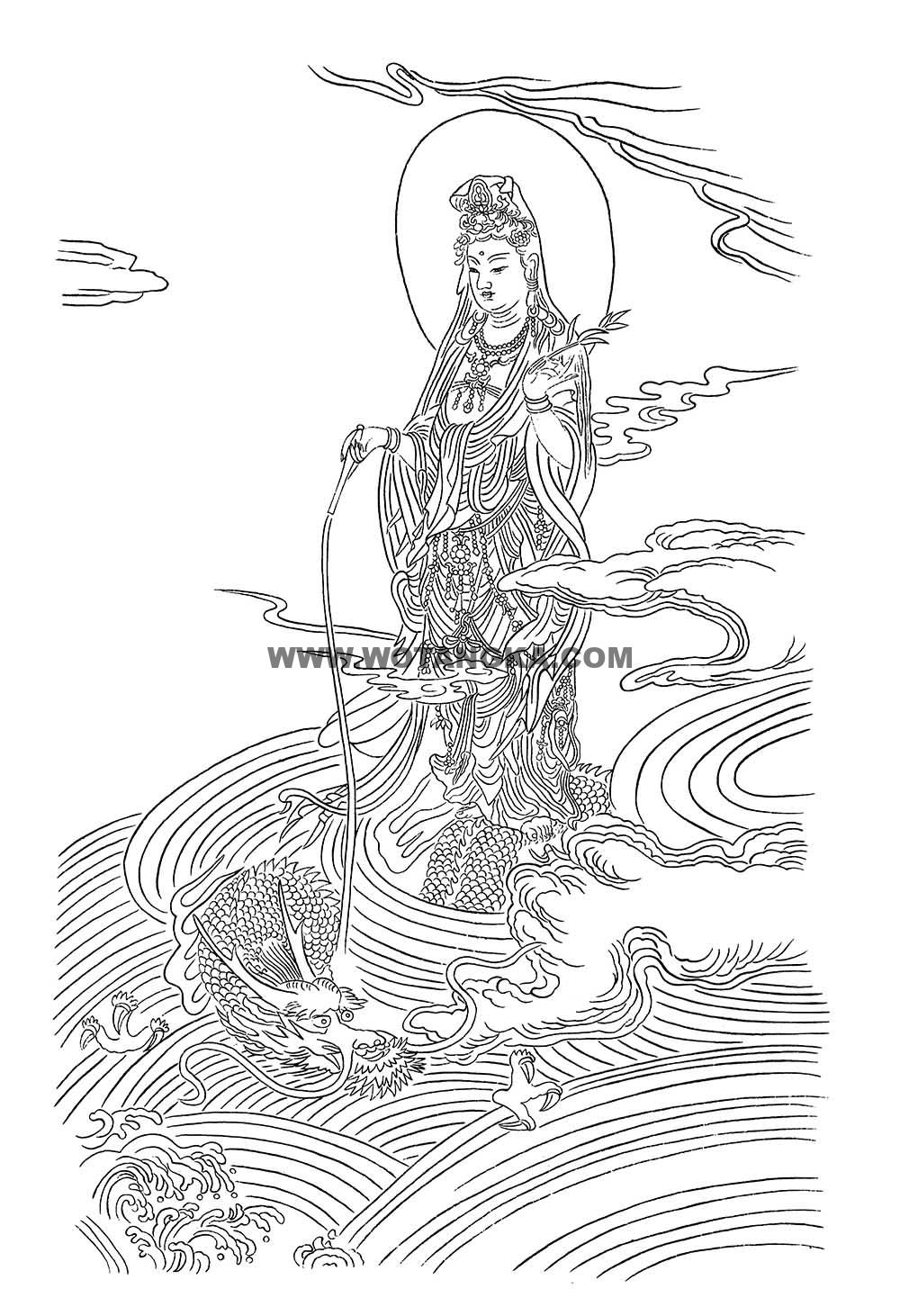 沃唐卡-唐卡白描线稿编号RD82277:游龙观音