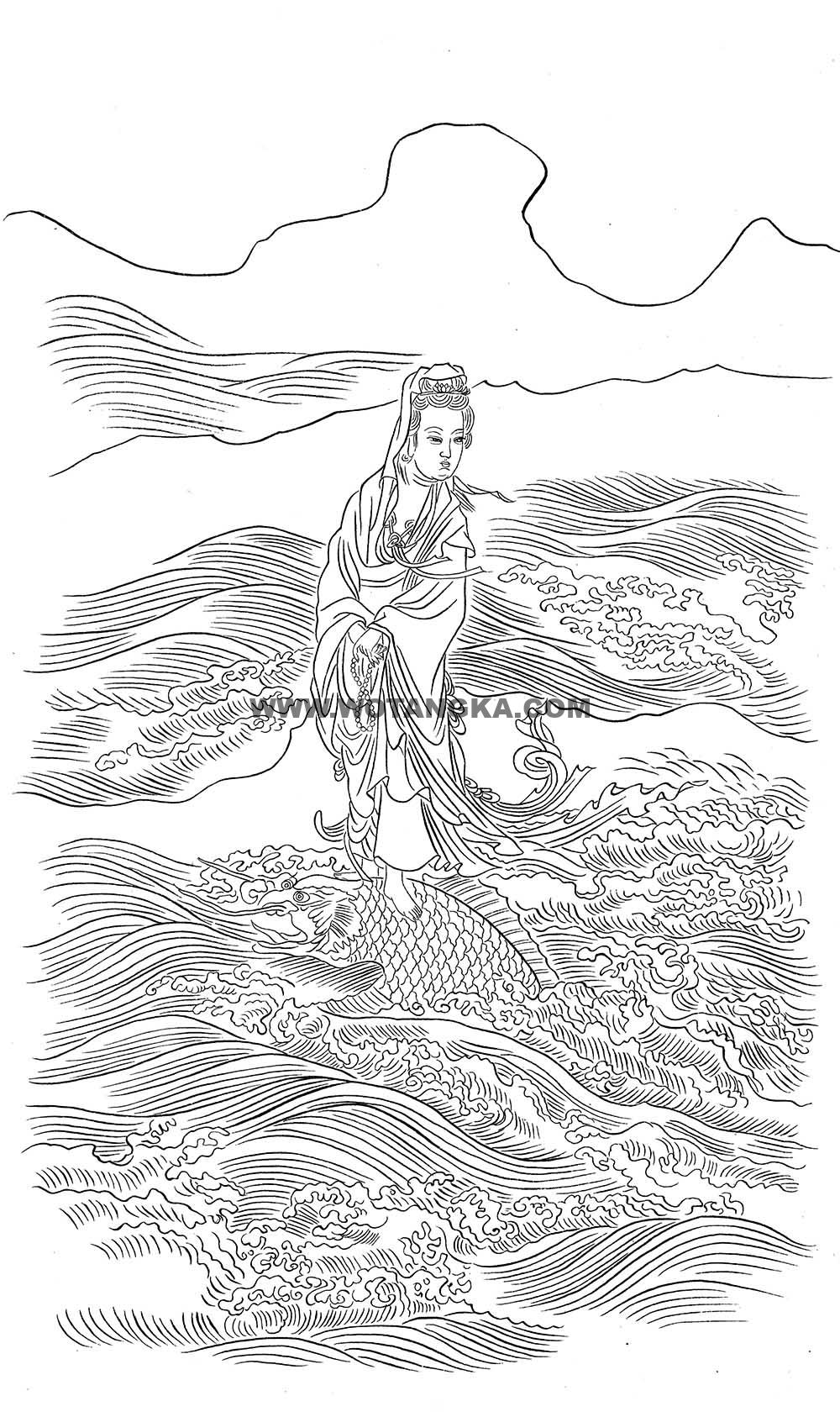 沃唐卡-唐卡白描线稿编号RD88410：骑龙观音