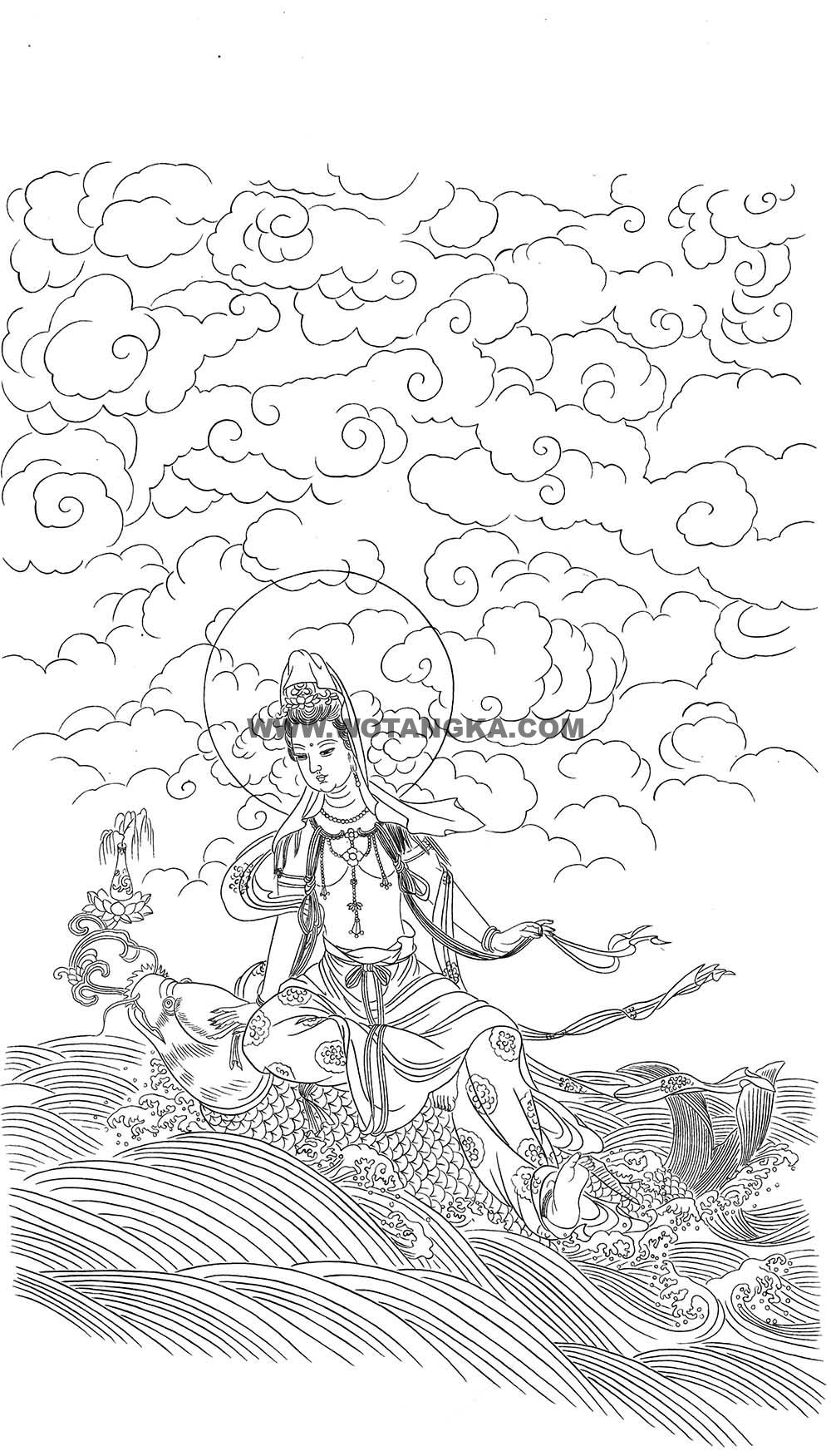 沃唐卡-唐卡白描线稿编号RD88808：坐龙观音