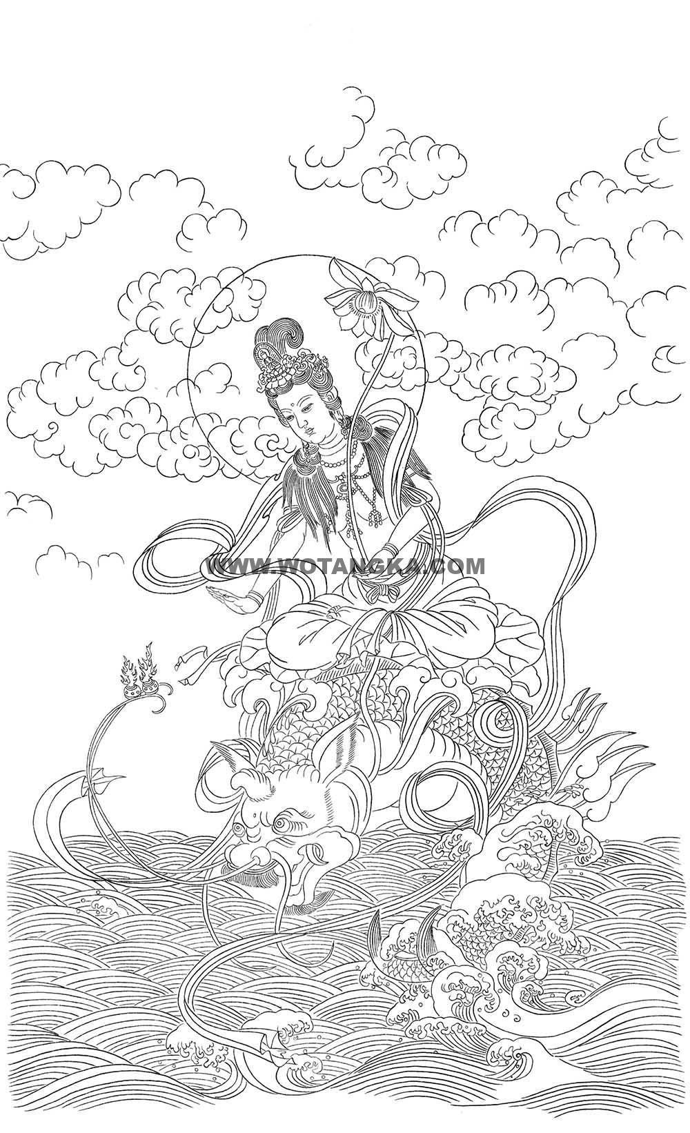 沃唐卡-唐卡白描线稿编号RD89157：鱼龙观音
